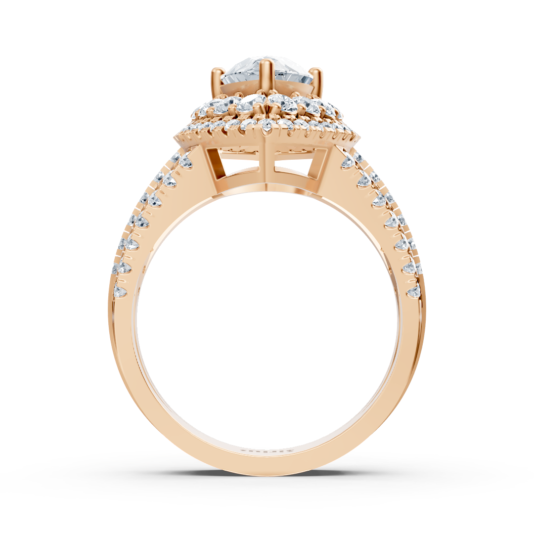 Rose gold halo ring with marquise diamond & rubies