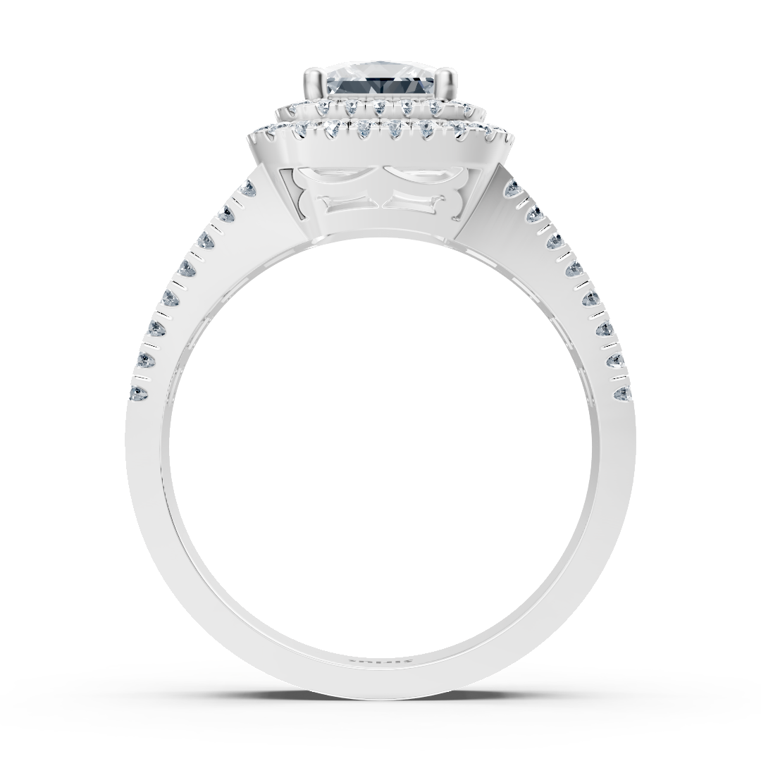 14 Karat Weißgold Prinzessschliff Diamant & Rubin Doppel-Halo Verlobungsring