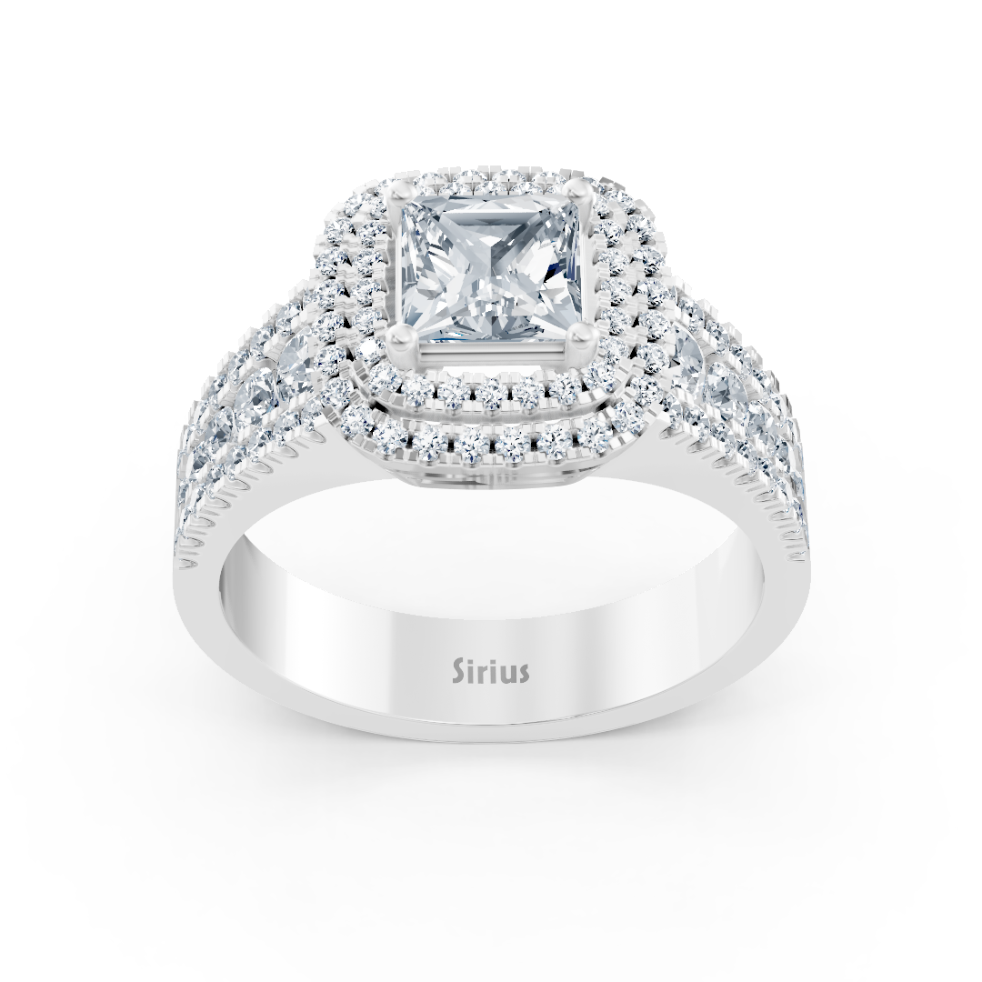 14 Karat Weißgold Prinzessschliff Diamant & Rubin Doppel-Halo Verlobungsring