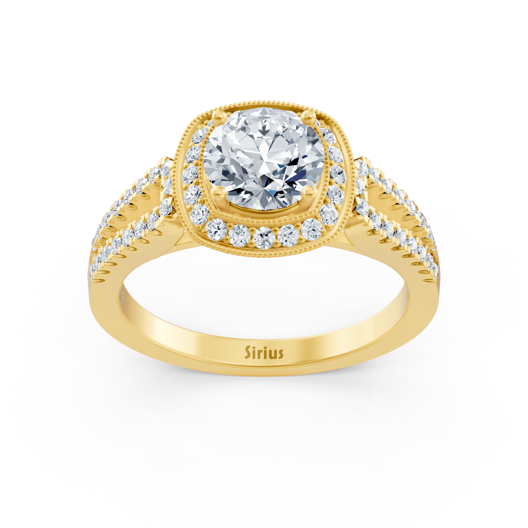 Bague de fiançailles en or jaune 14 carats avec double halo de diamants