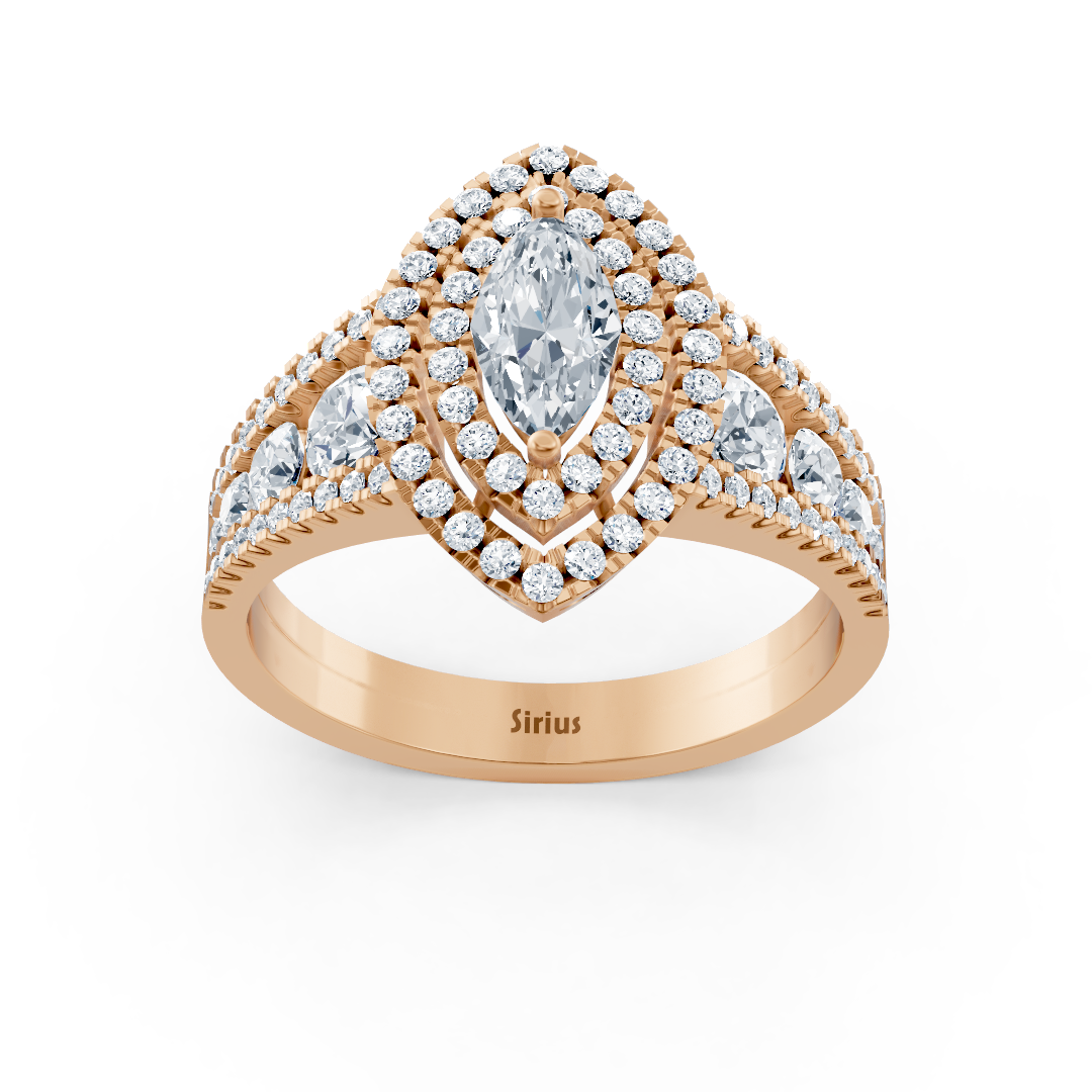 Bague de fiançailles en or rose 14 carats avec diamants et saphirs taille ovale à double halo