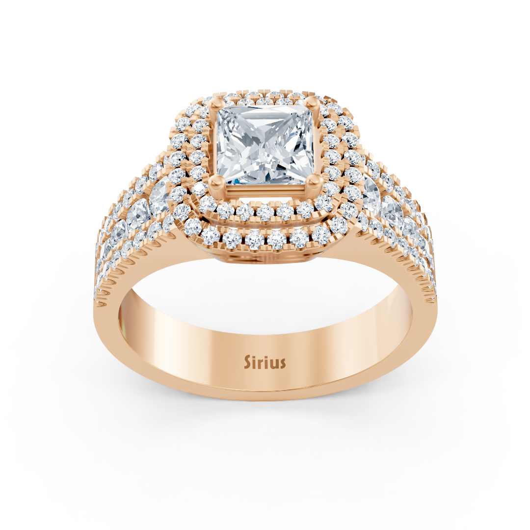 Bague de fiançailles en or rose 14 carats avec diamants taille princesse et rubis à double halo