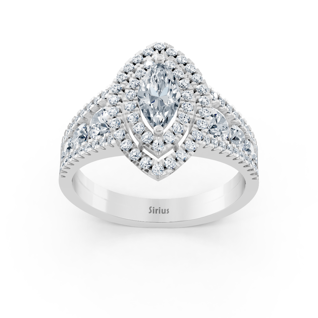 14 Karat Weißgold Doppel-Halo Ovalschliff Diamant & Saphir Verlobungsring