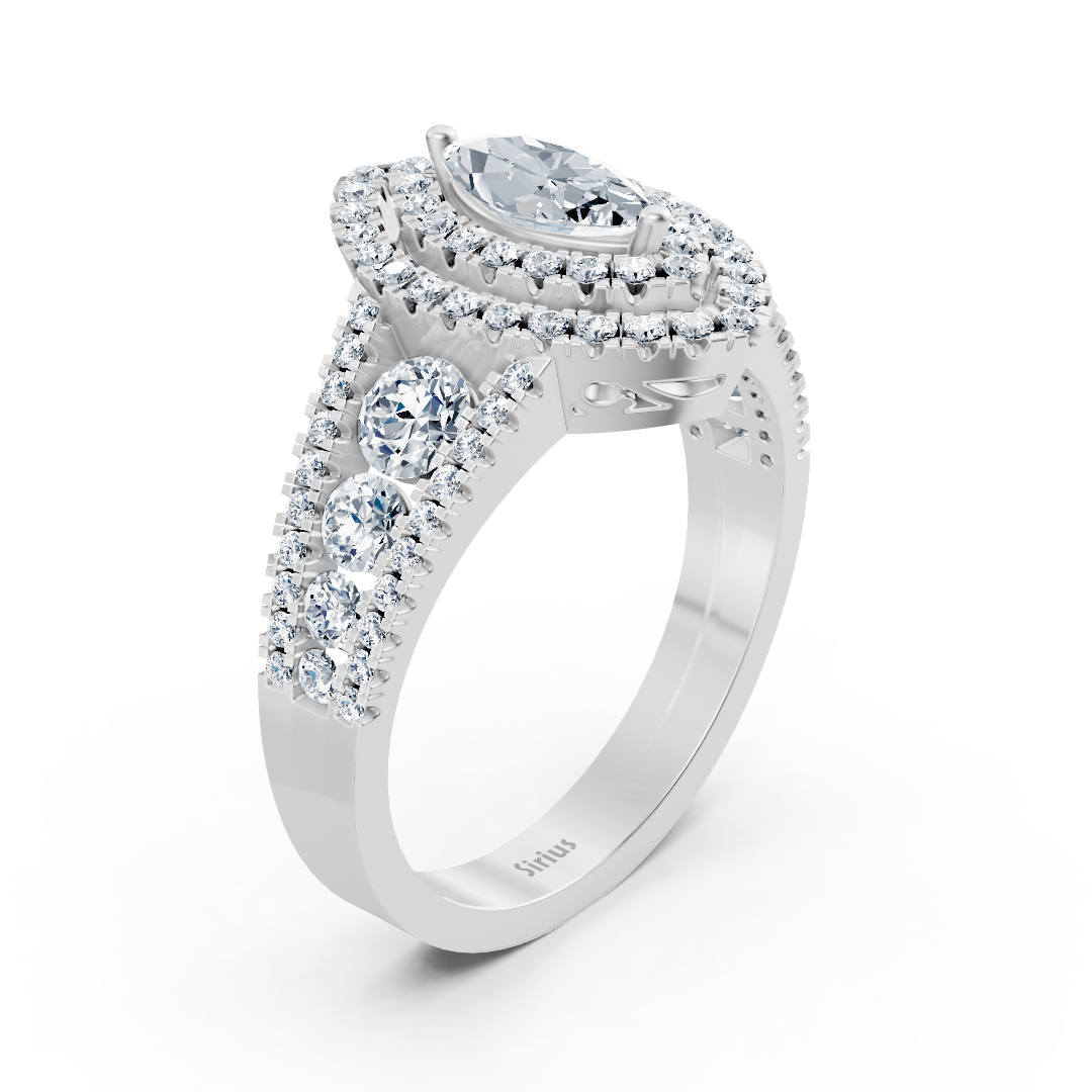 14 Karat Weißgold Doppel-Halo Ovalschliff Diamant & Saphir Verlobungsring