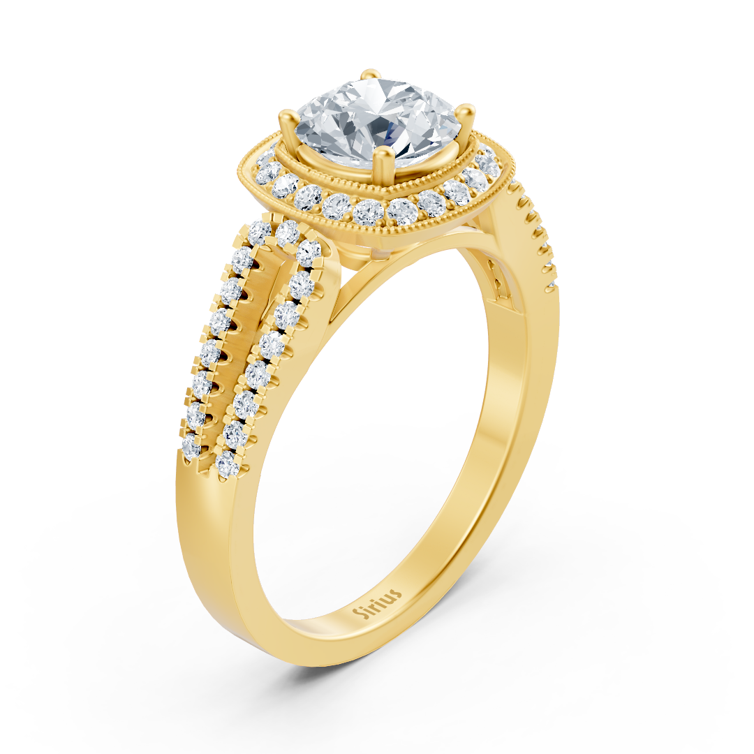 Bague de fiançailles en or jaune 14 carats avec double halo de diamants