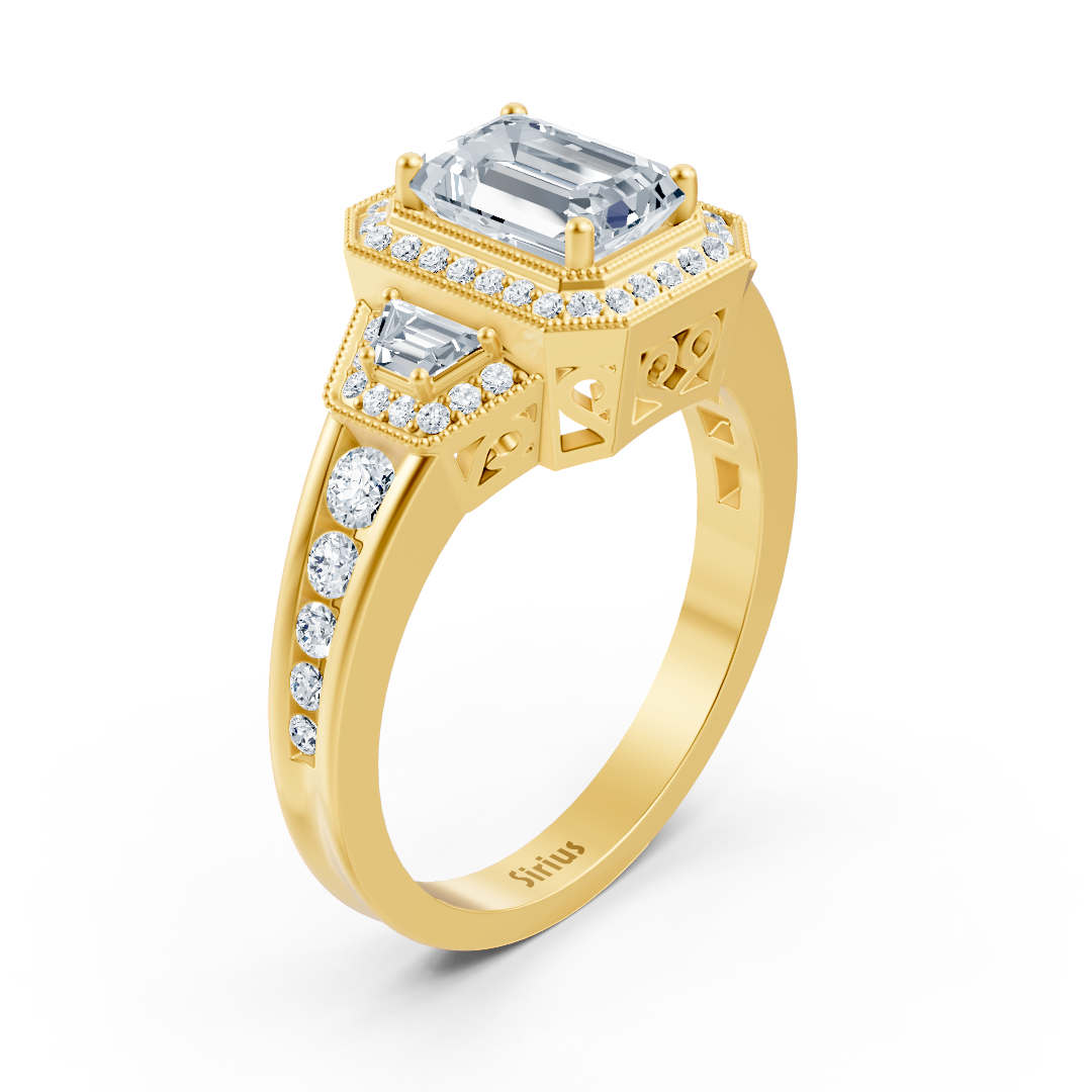 Diamond, Emerald & Ruby Halo Engagement Ring in Yellow Gold