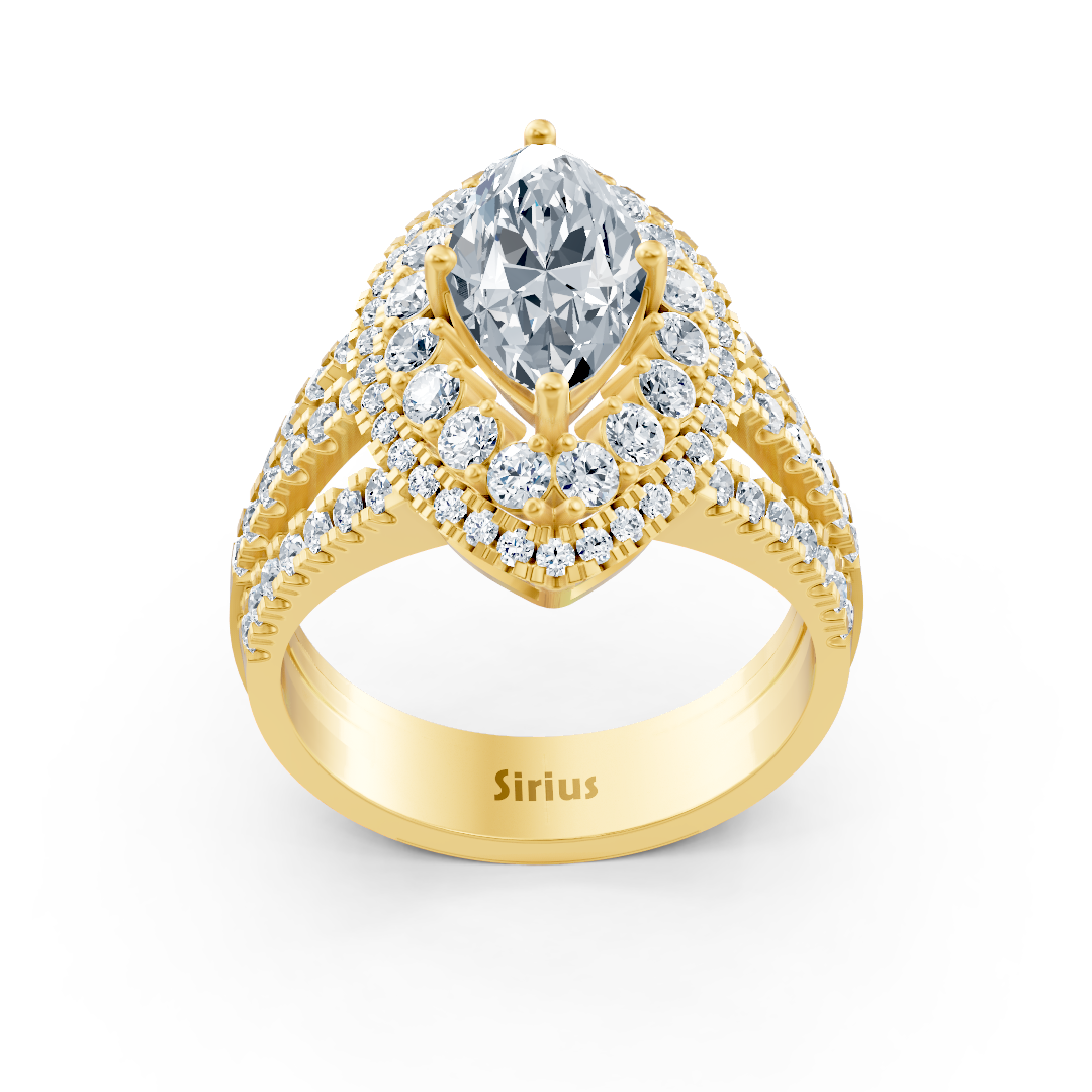 Gelbgoldener Halo-Ring mit Marquise-Diamant & Weisstopas