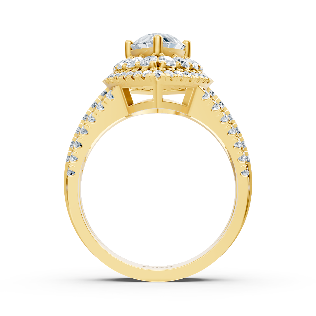 Yellow gold halo ring with marquise diamond & rubies