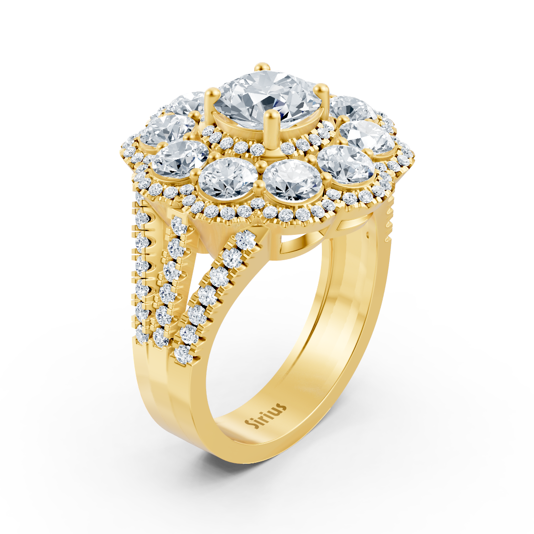 Diamond, emerald and ruby ring yellow gold