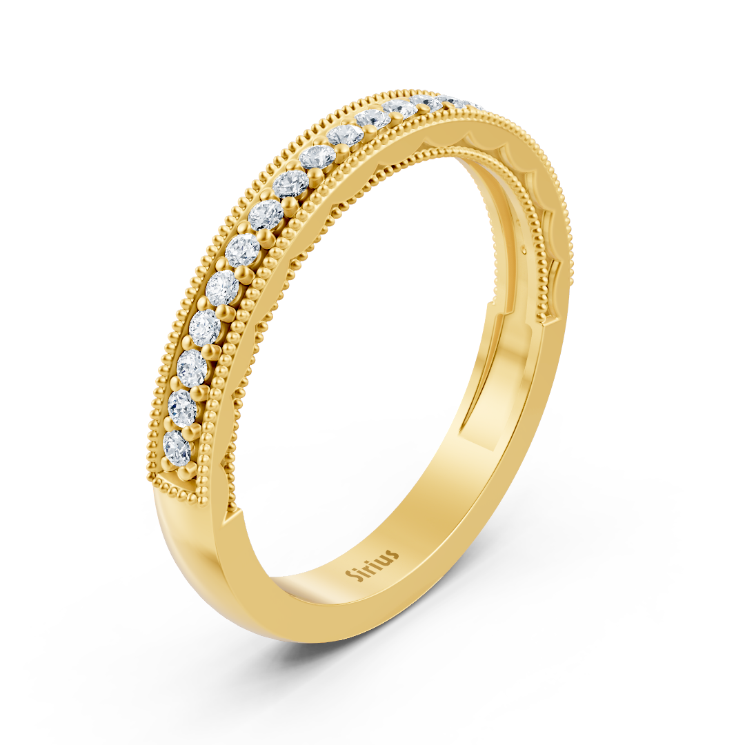 Bague demi-éternité en or jaune 14 carats avec diamant de 0,21 carat et détails milgrain