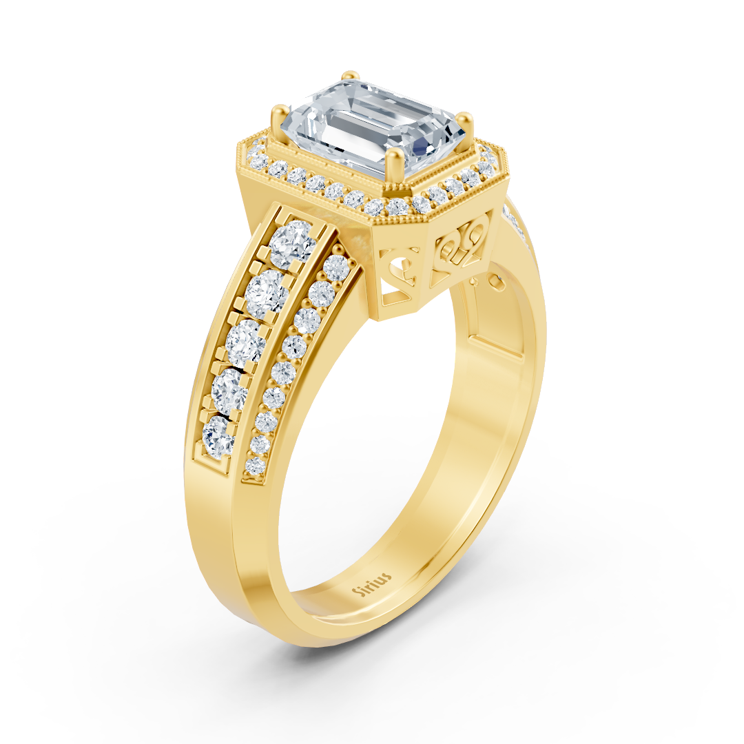 Birgie Sirius Gelbgold Diamant & Smaragd Halo Ring mit Emerald & Rundschliff