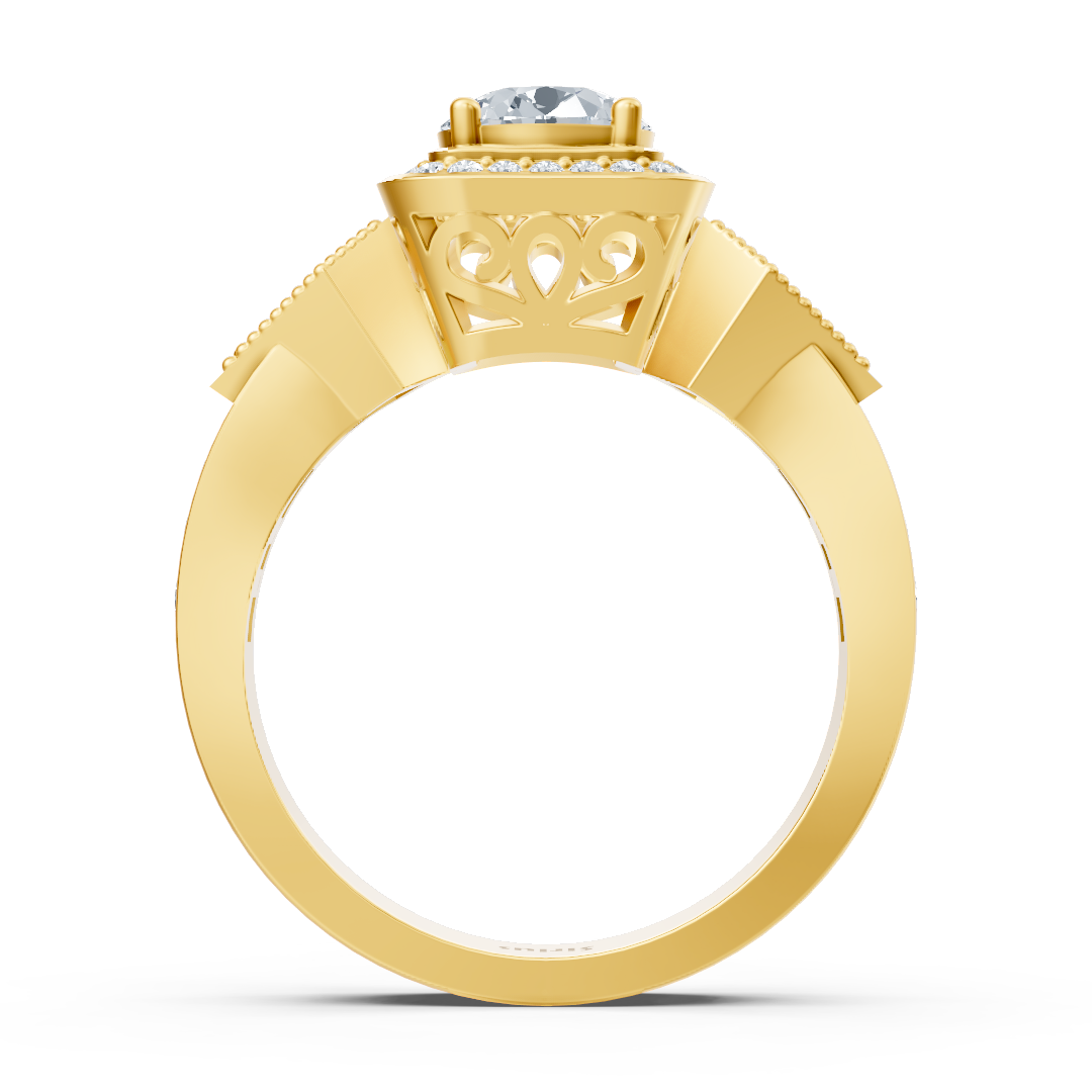 Bague de fiançailles halo en or jaune avec diamants latéraux