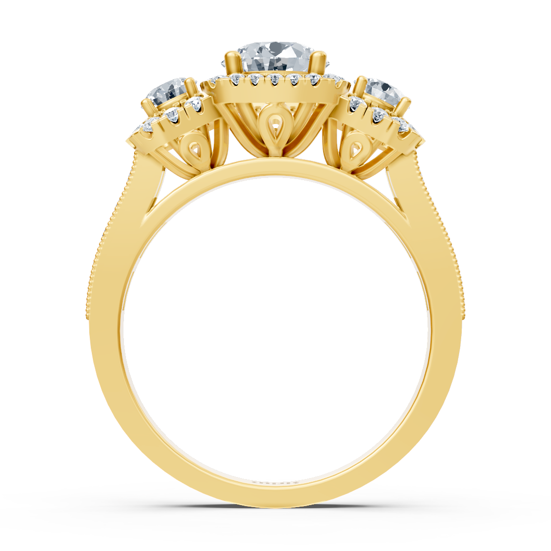 Gelbgoldener Halo Drei-Stein Weisstopas Diamantring