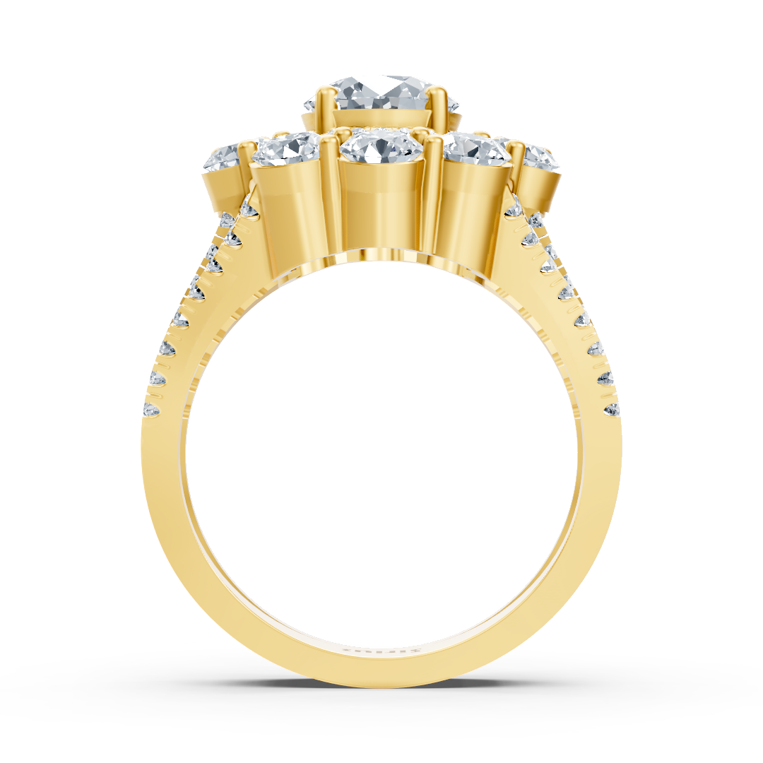 Gelbgoldener Halo-Ring mit Diamanten, Weisstopas, Smaragden & Rubinen