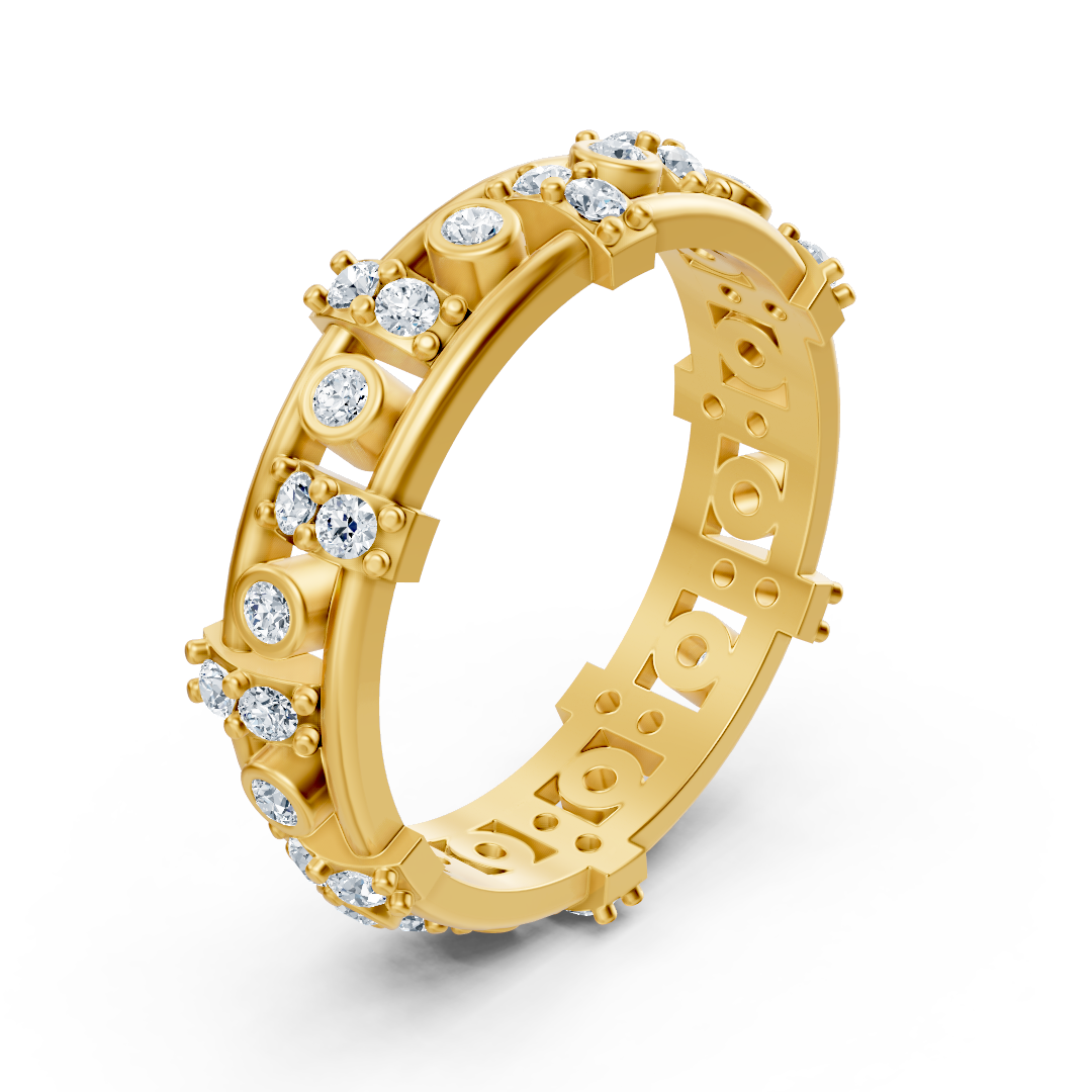 14 carat yellow gold diamond memoire ring - modern ladies' ring with bezel and prong setting