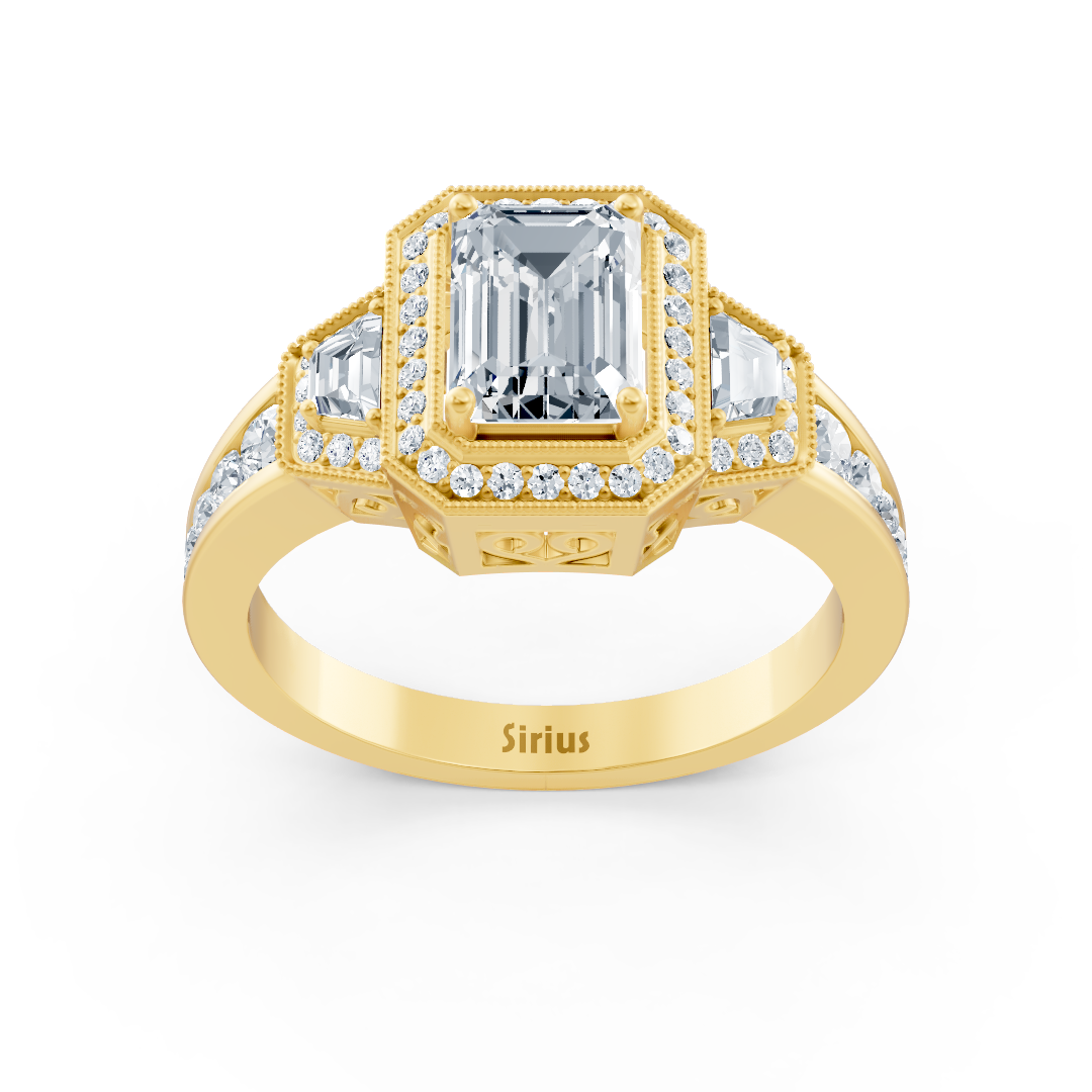 Diamond, Emerald & Ruby Halo Engagement Ring in Yellow Gold