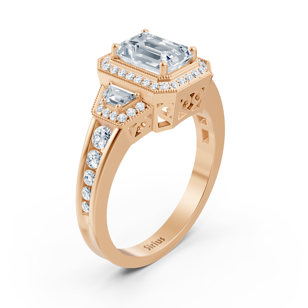 Diamond, Emerald & Ruby Halo Engagement Ring in Rose Gold