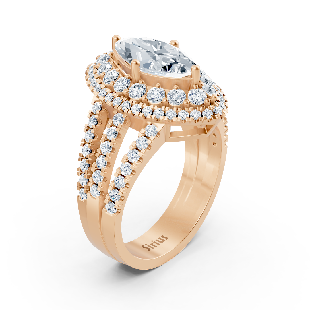 Rose gold halo ring with marquise diamond & rubies