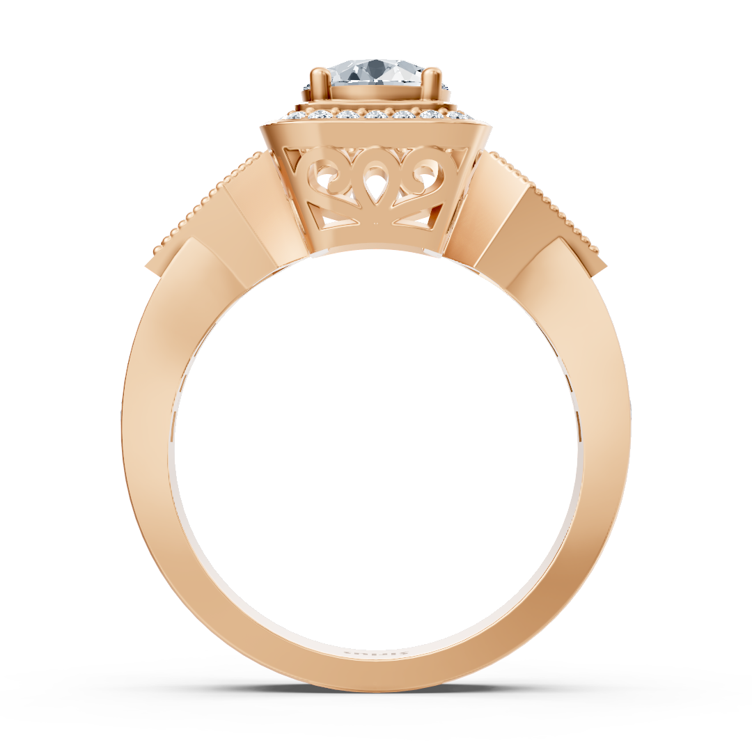 Bague de fiançailles halo en or rose avec diamants latéraux