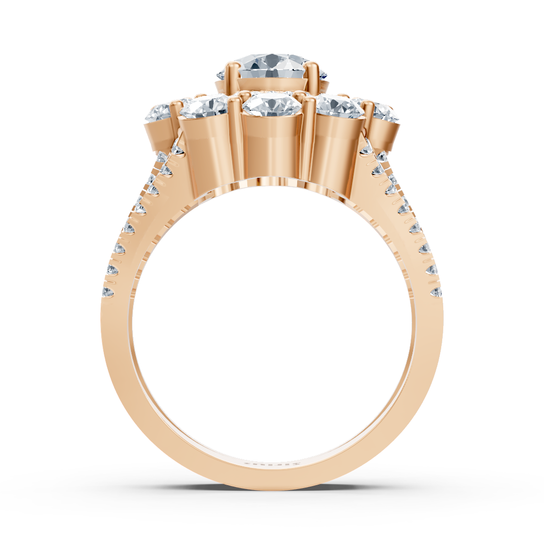 Bague halo en or rose avec diamants, émeraudes et rubis