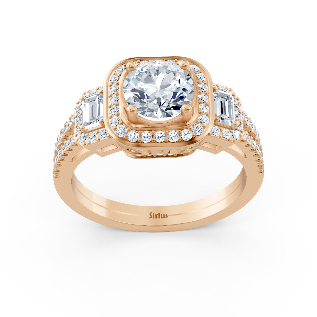 Bague trois pierres et halo de diamants en or rose