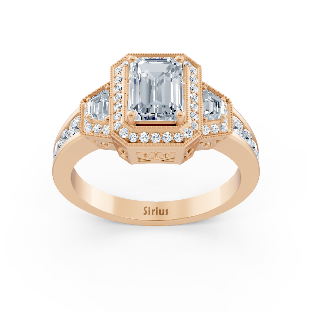 Diamond, Emerald & Ruby Halo Engagement Ring in Rose Gold