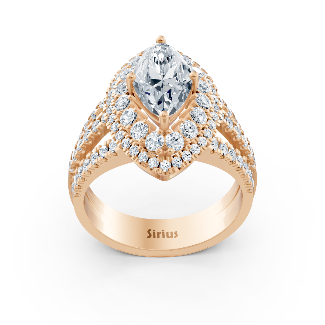 Bague halo en or rose avec diamant marquise et rubis