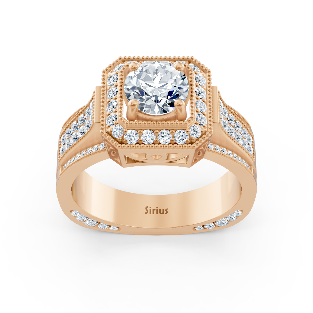 Bague Birgie Sirius en or rose avec halo de diamants et anneau taille octogonale