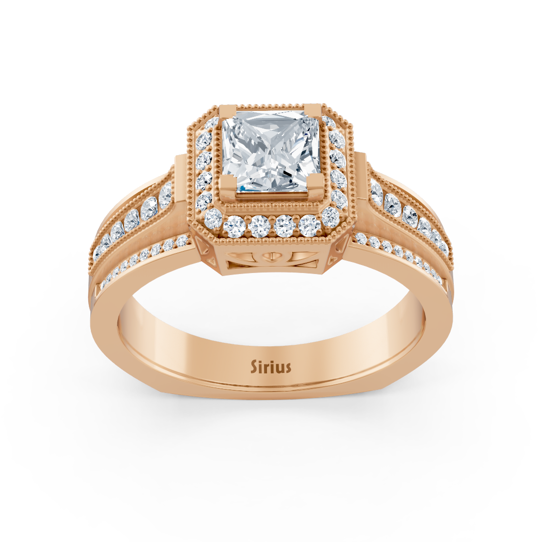 Birgie Sirius rose gold diamond & sapphire halo ring with princess & round cut