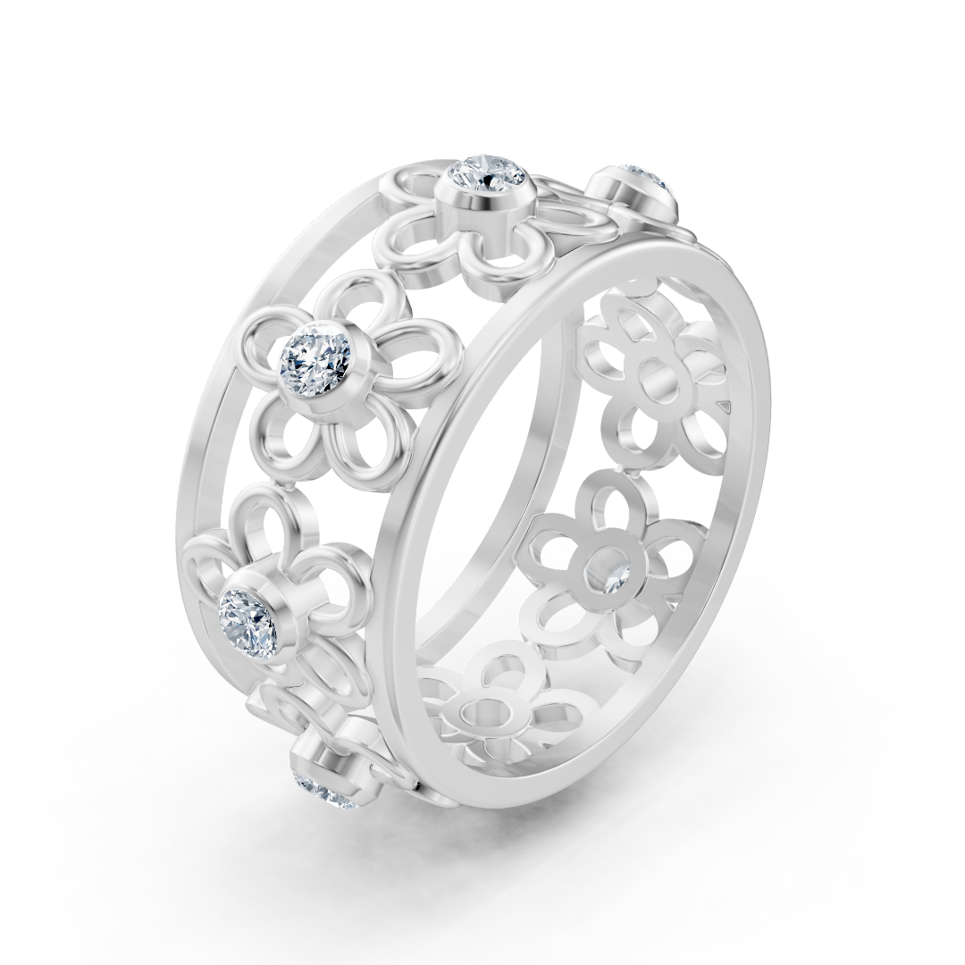 Filigraner Blumenring mit Diamanten in 14K Weißgold