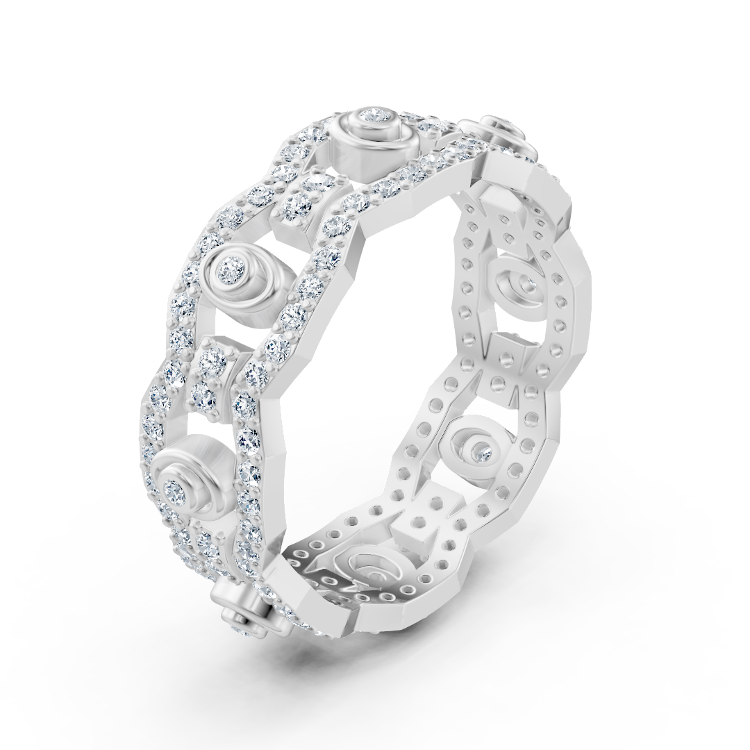 Weißgoldener Diamantring mit Ketten- und Kreisdesign