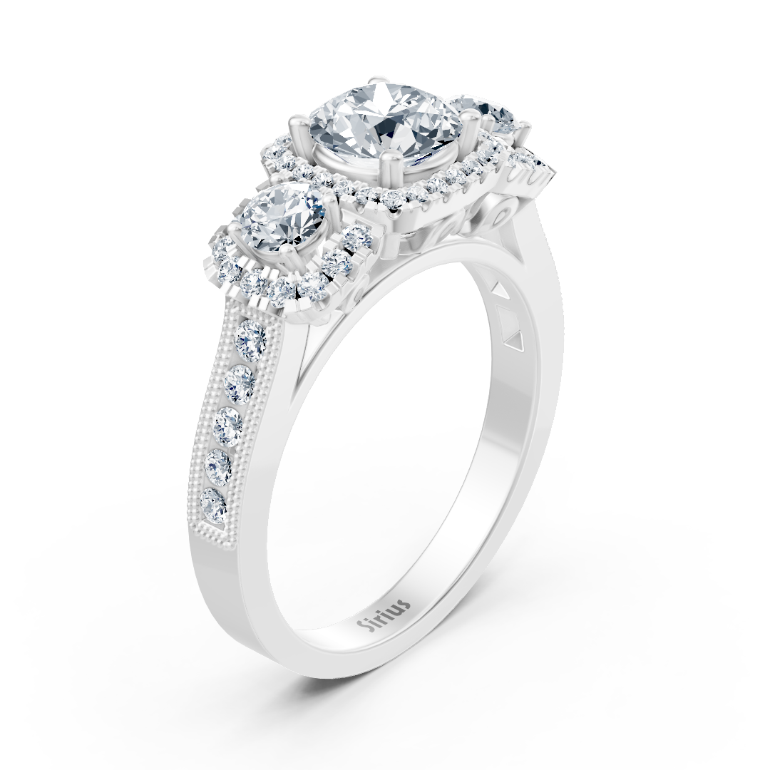 Weißgoldener Halo Drei-Stein Weisstopas Diamantring