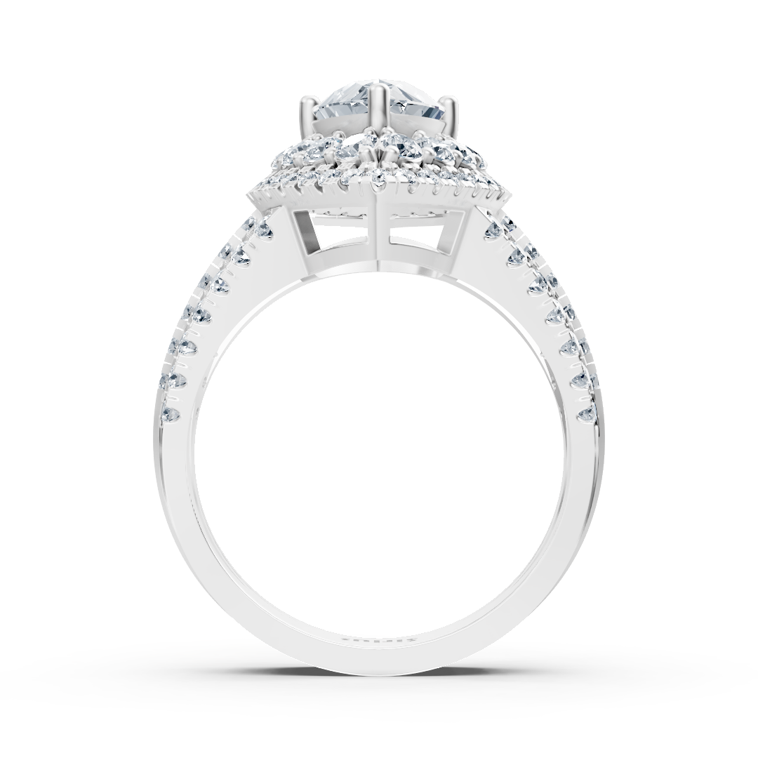 Bague halo en or blanc avec diamant marquise et rubis
