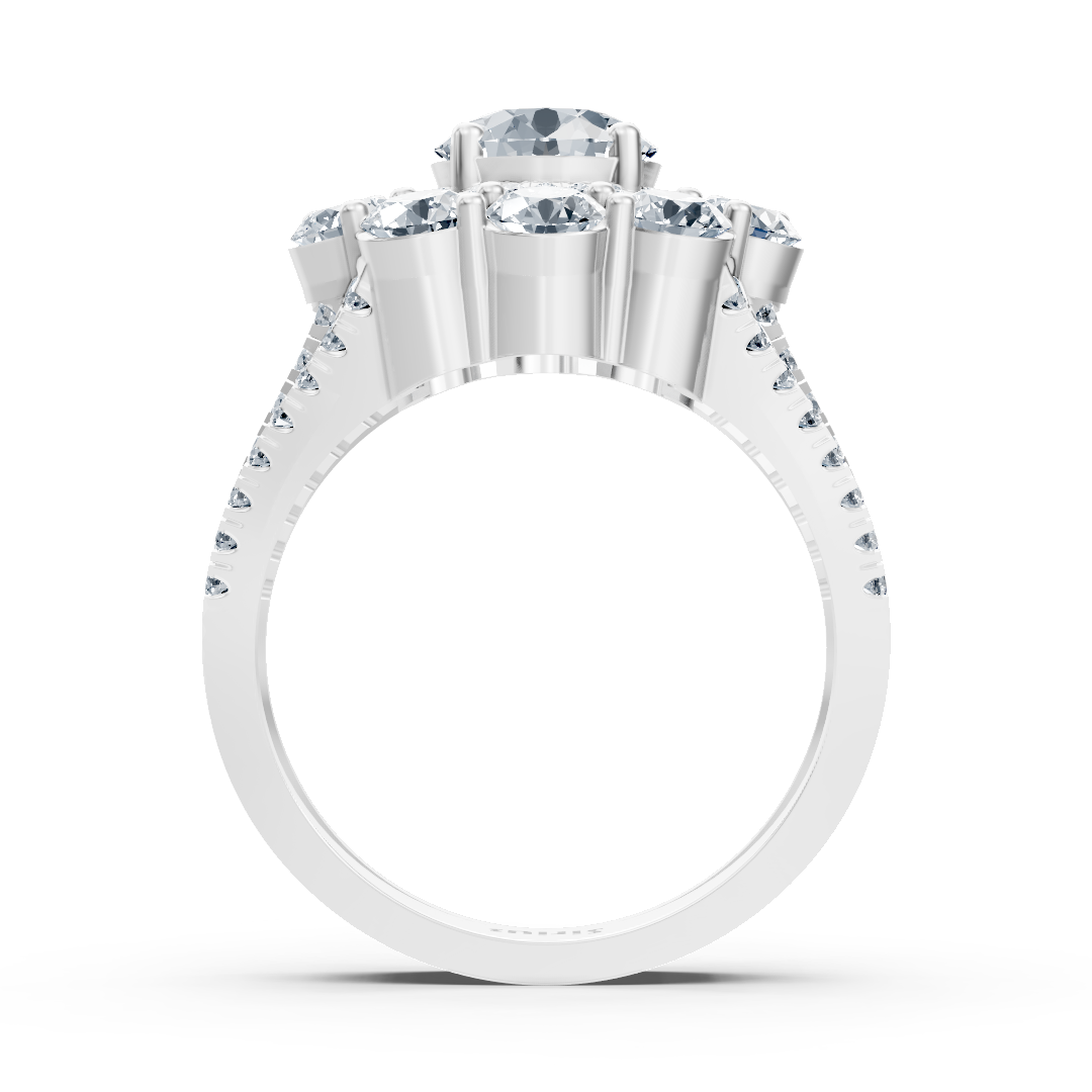 Bague halo en or blanc avec diamants, émeraudes et rubis
