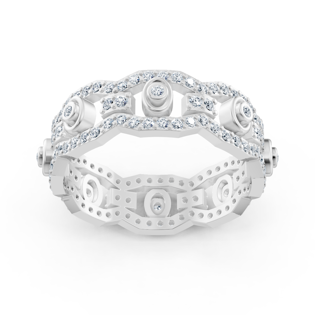 Weißgoldener Diamantring mit Ketten- und Kreisdesign