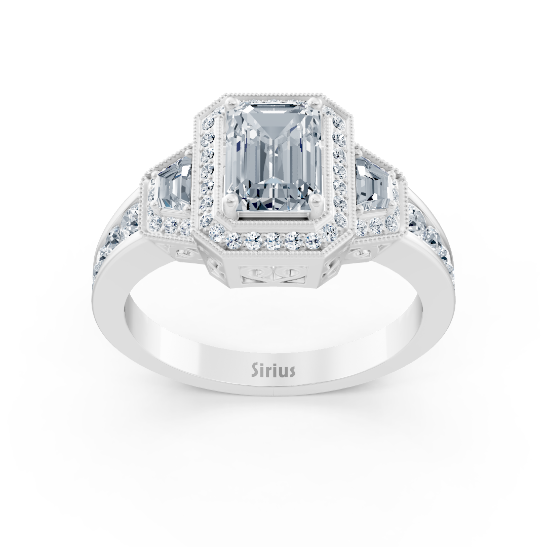 Diamond, Emerald & Ruby Halo Engagement Ring in White Gold