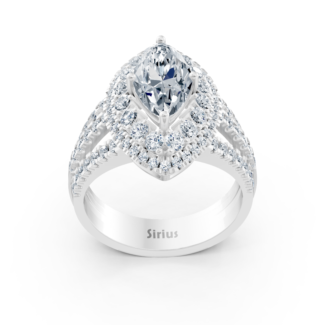 Bague halo en or blanc avec diamant marquise et rubis