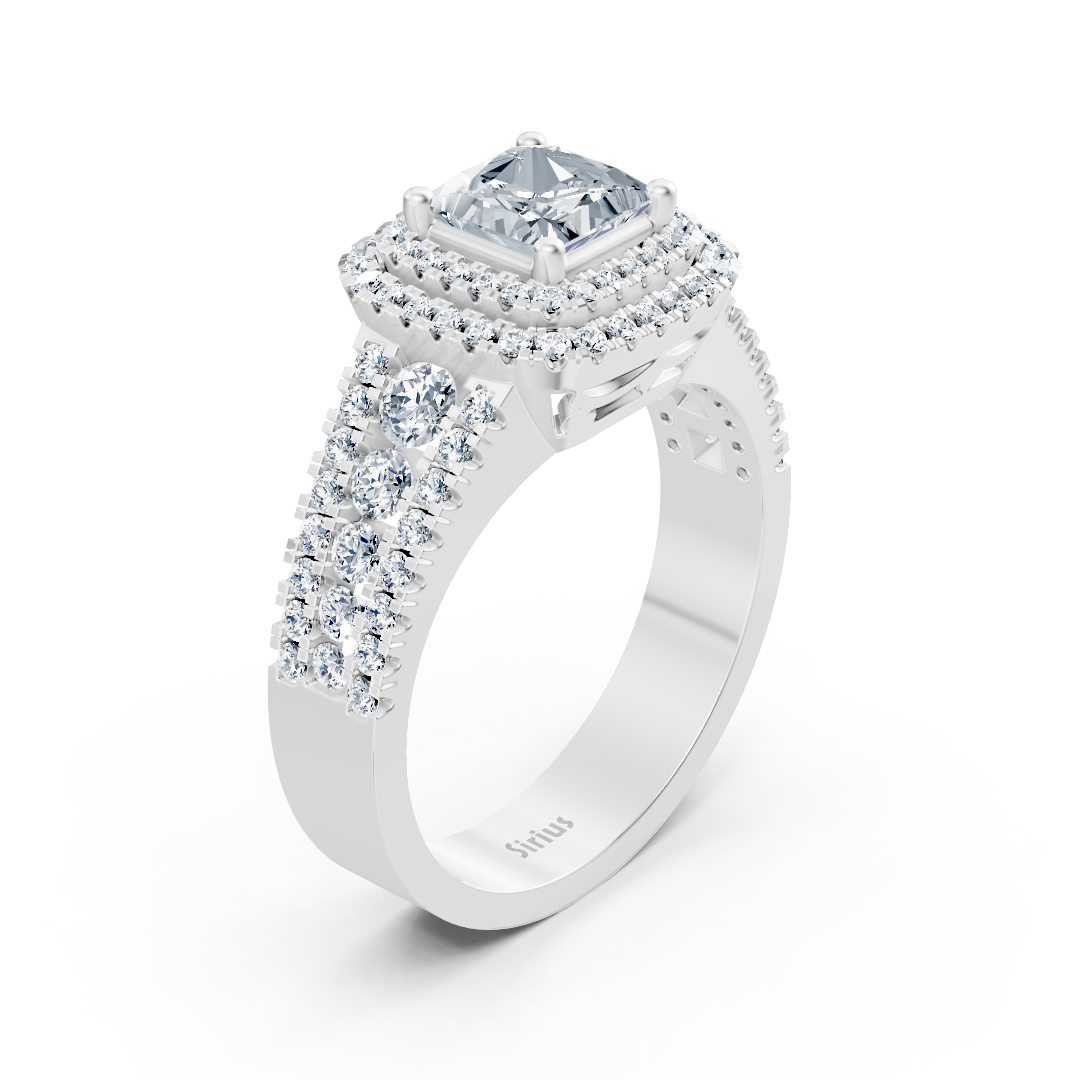 Bague de fiançailles en or blanc 14 carats avec diamants taille princesse et rubis à double halo