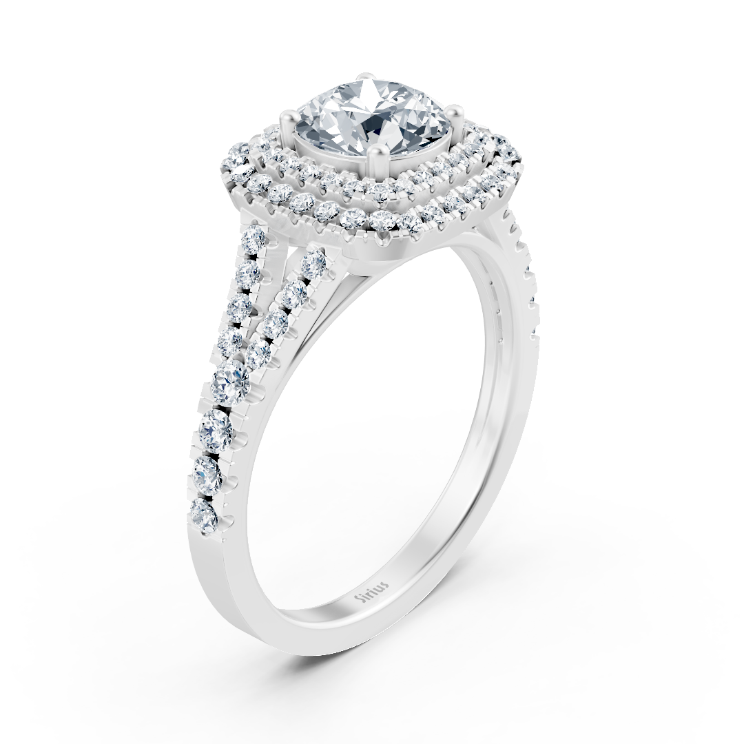 Bague de fiançailles en or blanc 14 carats avec double halo de diamants