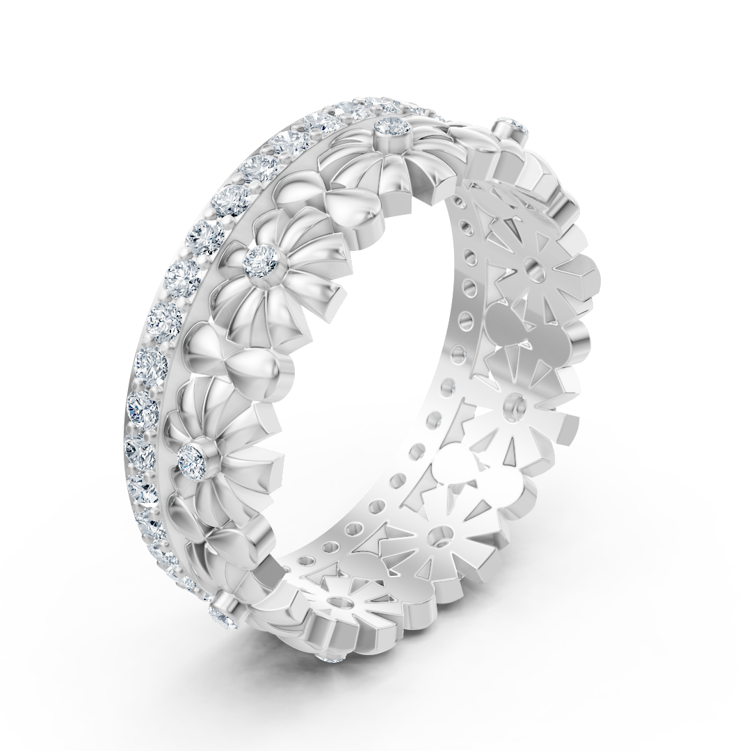 Bague délicate couronne de fleurs en diamant - Or blanc 14 carats, environ 0,49 carat