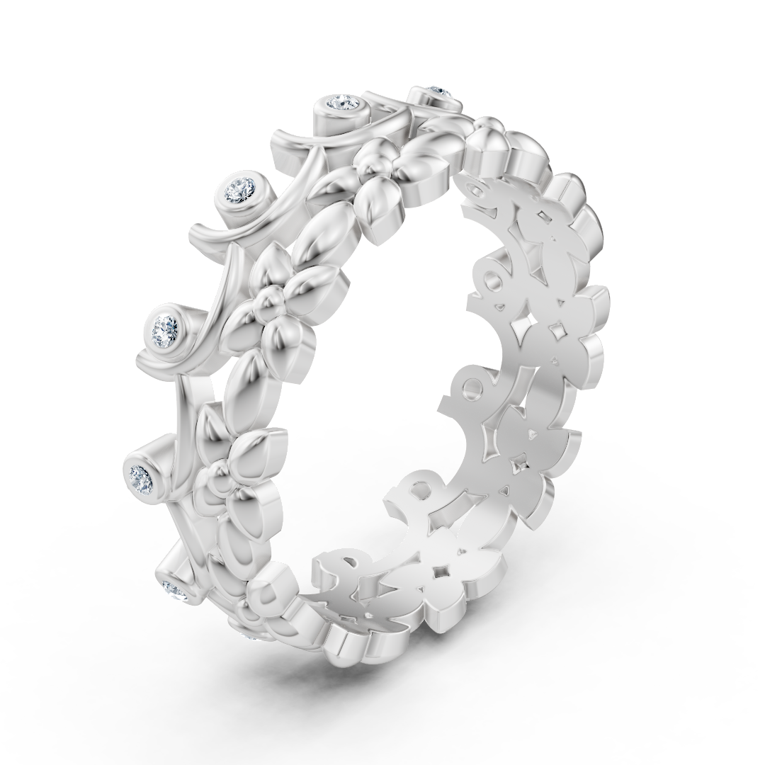 Weißgoldener Diamantring mit floralem Rankenmuster