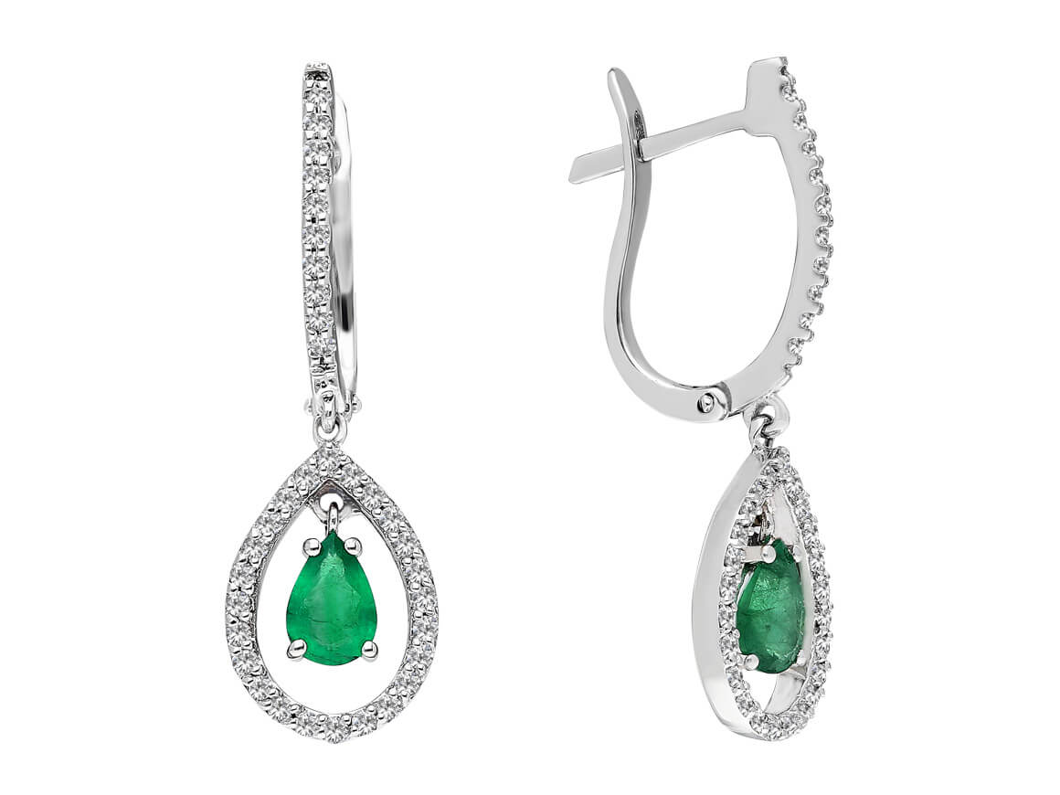 Boucles d'oreilles diamants et émeraudes taille goutte
