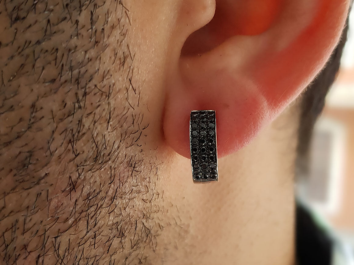 Boucles d'oreilles créoles pour hommes à trois rangées de diamants noirs