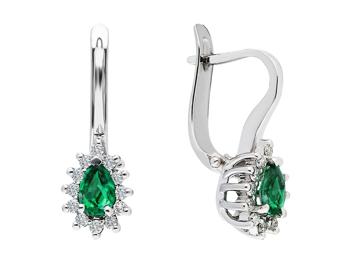 Boucles d'oreilles diamants et émeraudes en forme de larme