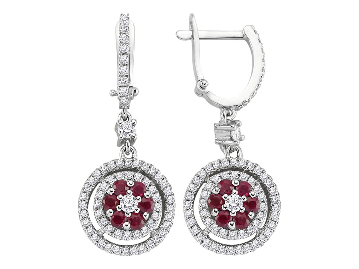 Boucles d'oreilles pendantes double rang diamants et fleur rubis