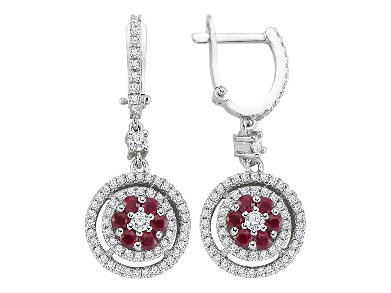 Boucles d'oreilles pendantes double rang diamants et fleur rubis
