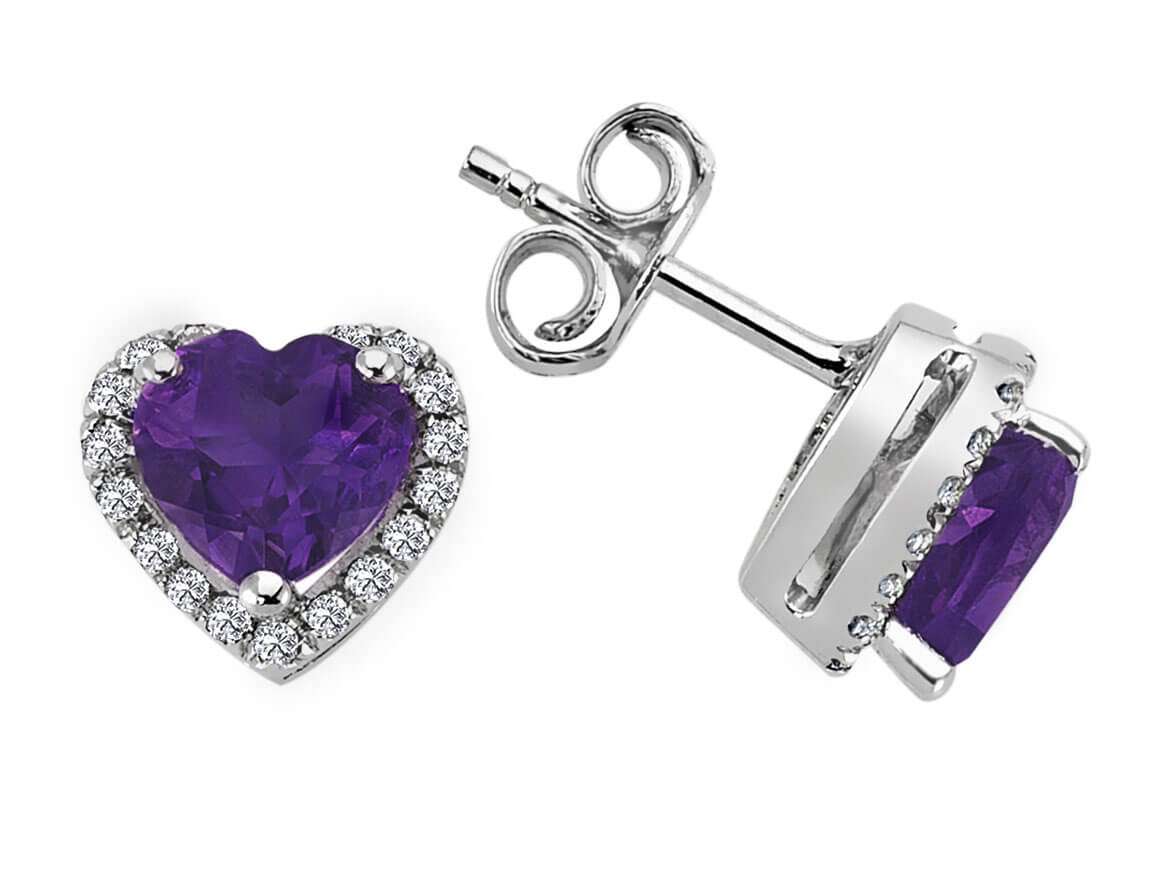 Diamond and Heart Amethyst Stud Earrings