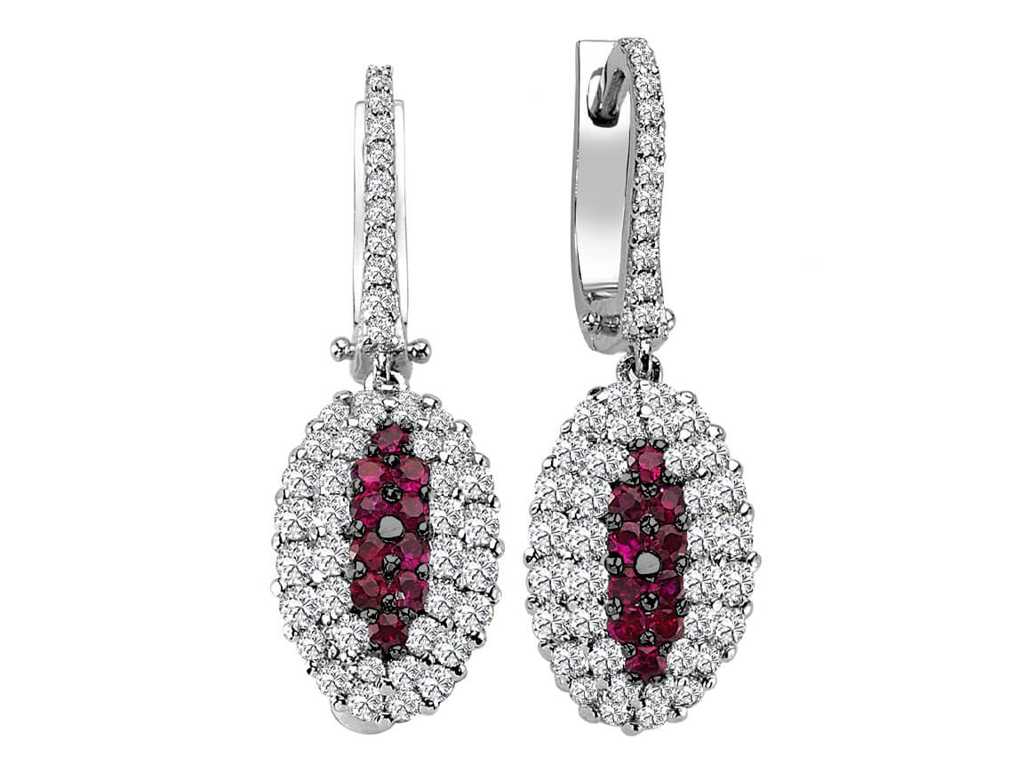 Boucles d'oreilles double rang diamants et rubis