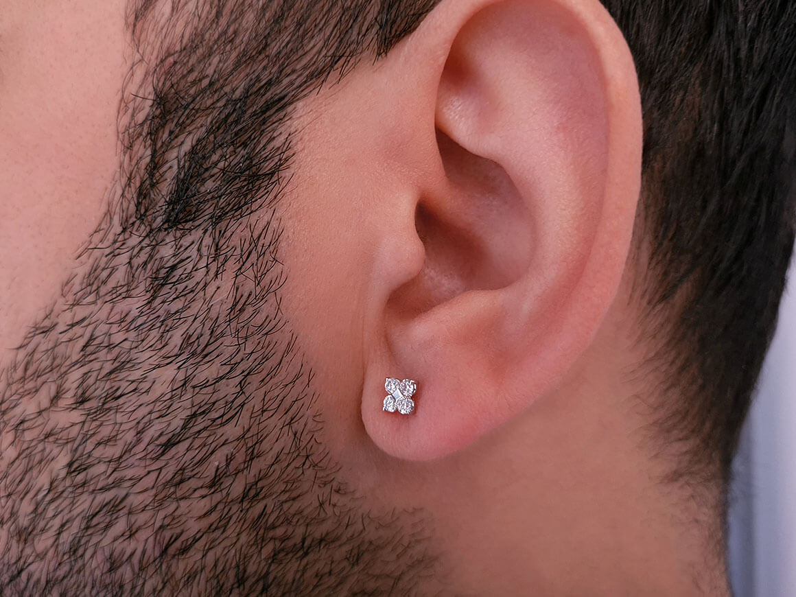 Boucles d'oreilles clous homme trèfle diamant