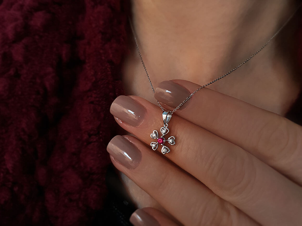 Diamond and Ruby Flower Heart Necklace